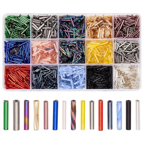 About 1800 Pcs 15 Colors Glass Bugle Beads Bulk, Mixed Color Screwy Bugle Beads Long Tube Seed Bead Loose Spacer Bead for DIY Crafting Jewelry Making - color: Mixed Color, Transparent, Clear, Blue, Green, Yellow, Orange, Purple, Red, Pink, Black, White, G