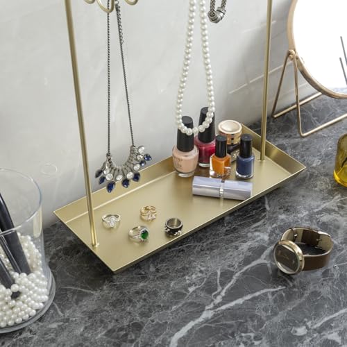 MyGift 14 Inch Brass Metal Jewelry Organizer Stand for Necklaces with 20 Hooks and Ring Tray - color: Brass