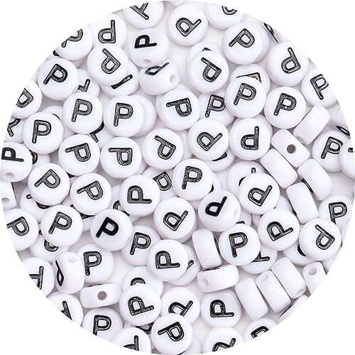 100Pcs Letter Beads 4x7mm White Round Acrylic Alphabet Beads Letter P Beads for Jewelry Making DIY Bracelets Necklaces Key Chains - color: P 100Pcs