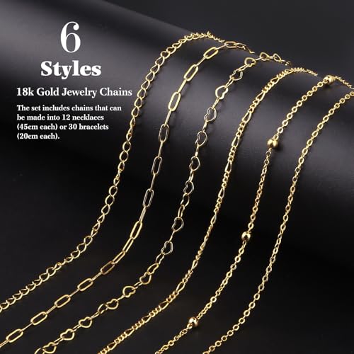 18K Gold Necklace Chain Kit for Jewelry Making, 20 Feet DIY Bracelet Chains with Jump Rings, Lobster Clasps, Connectors, Jewelry Pliers, 30 Colorful Graphic Charms & 36 Letter Pendants - color: 18k Gold-20 Feet 6 Rolls+Pendants