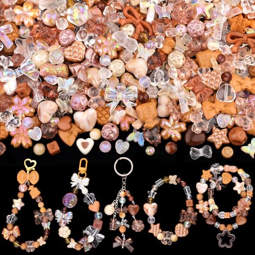 200-260PCS TINKRSTUFF Assorted Brown Acrylic Beads for Bracelet Making, Cute Beads for Jewelry Making Flower Bow Butterfly Candy GummyBear Aesthetic Bracelet Charms,DIY Necklace Keychain Phone Charm - color: BROWN
