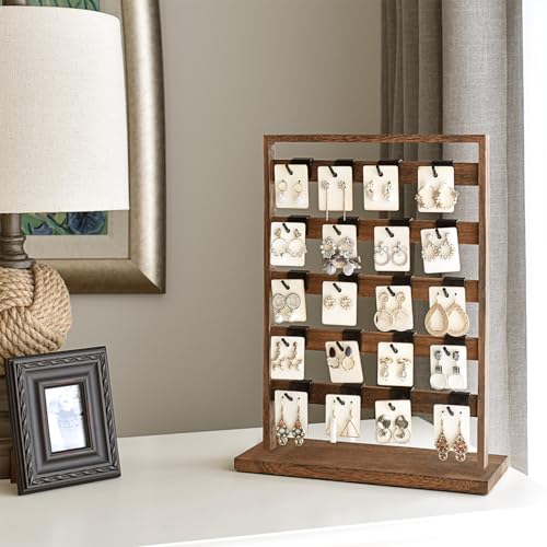 Ikee Design 5 Tiers Free Assemble Wooden Jewelry Display Rack with 20 Removable Metal Hooks,Earring Card Display Stand,Jewelry Organizer,Bracelet Organizer,Keychain Display Stand,Brown Color - color: 2) Brown