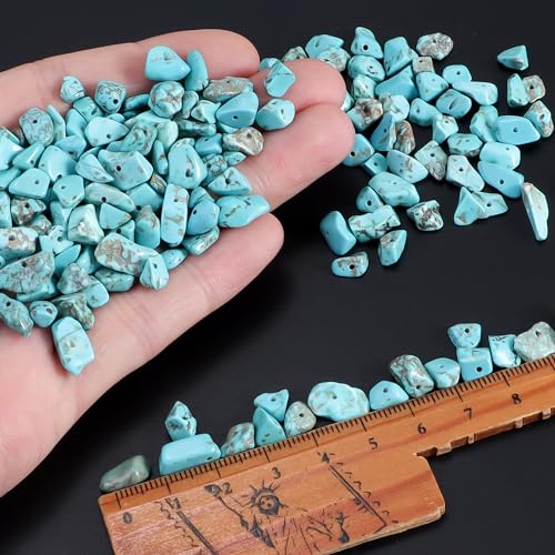400pcs Natural Chip Stone Beads Blue Turquoise 5-8mm Irregular Gemstones Healing Crystal Drilled DIY Loose Rocks Bead Crystal for Bracelet Necklace Jewelry Making Crafting - color: Blue Turquoise
