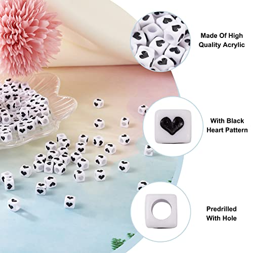 Cheriswelry 200pcs 6mm White Cube Acrylic Heart Beads Black Opaque Crystal Loose Spacer Large Hole Beads Plastic Love Heart Charms for DIY Craft Earring Bracelet Necklace Jewelry Making - color: Cute Heart Beads