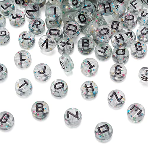 Cheriswelry 200pcs 7mm Clear Flat Round Letter Beads Transparent Acrylic Alphabet Crystal Beads Horizontal Hole Glitter Powder Loose Spacer Beads for DIY Bracelet Necklace Jewelry Making - color: Clear-Flat Round