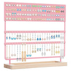 Earring Holder Organizer Stand - Earrings Display Rack 144 Holes Jewelry Holder Tower with Wooden Tray for Earrings Rings Pink - color: Pink