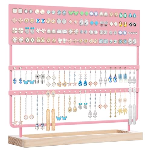 Earring Holder Organizer Stand - Earrings Display Rack 144 Holes Jewelry Holder Tower with Wooden Tray for Earrings Rings Pink - color: Pink