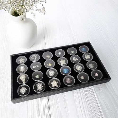 Ikee Design 24 Gem Showcase Stackable Jewelry Display Tray for Collectibles, Rock Storage Box Gemstones Bead Storage Jars, Black Foam, Black Tray, 14 7/8W x 8 3/8D x 1H in - color: Black Foam/Black Tray (24 Large Jars)
