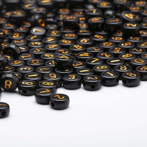 1000pcs Acrylic Number Beads 0-9 Round 4x7mm Mixed for Jewelry Making and DIY Bracelets, Necklaces, Key Chains (Black Gold) - color: Black Gold