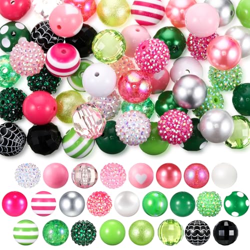Huquary 50 Pcs 20 mm Beads for Pens Bubblegum Large Round Gumball Acrylic Chunky Rhinestone Colored Resin Chunk Disco Ball Beads for Necklace Witch Jewelry Making DIY Crafts Supplies(Pink Green) - color: Pink Green