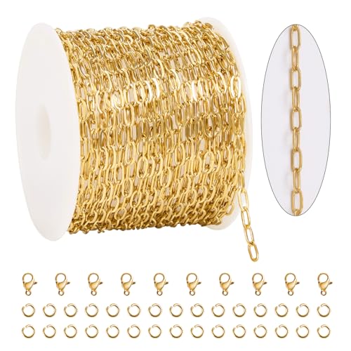 KYUNHOO 16.4FT/5M Stainless Steel Paperclip Chain Roll Gold Plated Jewelry Making Chains Spool Bulk Jewelry Links with Lobster Clasps Jump Rings for Crafting DIY - color: Paperclip Gold