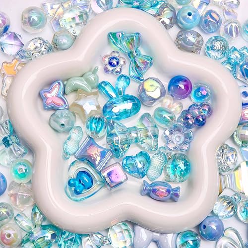 BONNY BOXX 100g Mixed Premium UV-Coated Iridescent Acrylic Beads, Bulk Pastel Color Craft Beads for Jewelry Making, DIY Bracelets, Necklaces, Earrings, Keychains, Resin Art, Pen Decor (Blue) - color: Blue