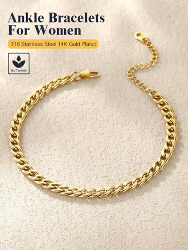 U7 Women Girls Barefoot Jewelry 18K Gold or Rose Gold Stainless Steel Heart/Rope/Figaro/Cuban Chain Anklet Foot Bracelet, 25-30 CM Long - color: Gold Plated-5mm-Curb Chain