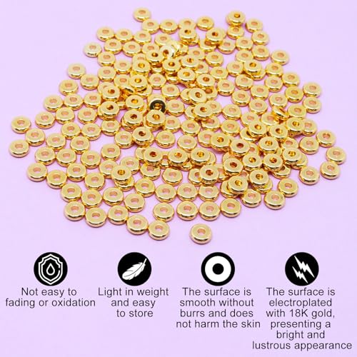 200Pcs 6mm Gold Flat Spacer Beads 18K Gold Plated Loose Beads for Jewelry Making DIY Bracelet Necklace Earring - size: 6mm