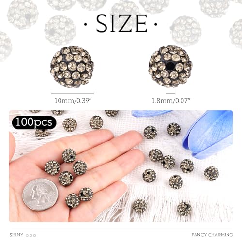 100 Pcs Gray Rhinestone Beads for Jewelry Making, Sparkle Crystal Clay Christmas for Bracelet Baseball Necklace Earring Crafting and DIY, Shiny Round Shamballa Disco Ball Beads Bulk - color: Gray, size: 100 pcs