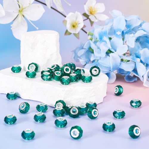 100pcs 14mm Large Hole Glass Beads Dark Cyan European Beads Lampwork Loose Spacer Beads for Christmas DIY Craft Snake Chains Charms Bracelet Necklace Earring Making Hole: 5mm - color: Dark Cyan