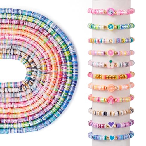 Elecrelive 10 Colors Clay Beads Bracelet Making Kit, 6mm Disc Flat Round Spacer Beads Colorful Pearlized Heishi Chips for Chocker Necklace Earring DIY Crafts - color: Mixed Color-6x1mm