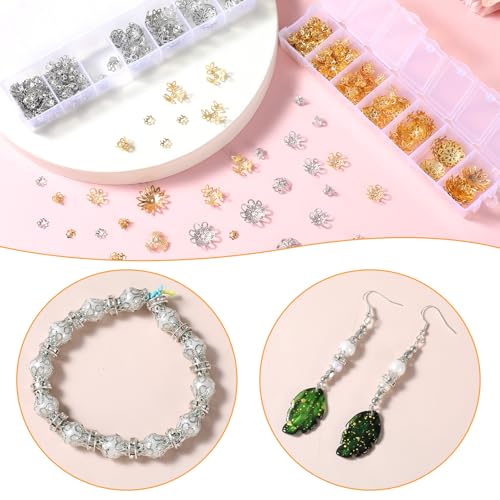 816Pcs Bead Caps, Antique Gold and Silver Metal Alloy Flower Spacer Bead End Caps, 7 Styles for DIY Jewelry Making Supplies