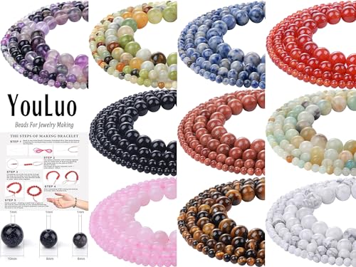 YouLuo Natural Stone Beads 100pcs 6mm Round Crystal Real Stone Beads Loose Gemstone Stone Beads 10 Colors Chakra Stones DIY Genuine Smooth Beads for Bracelet Necklace Jewelry Making (6mm Mixed)