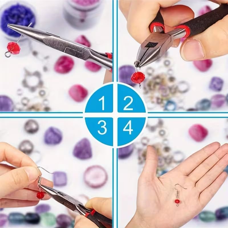 Jewelry Making Tool Set, 8-Piece with 3-Color Handles, Round Nose and Non-Serrated Pliers, Case for Beading and Wire Wrapping, Pink - color: Pink