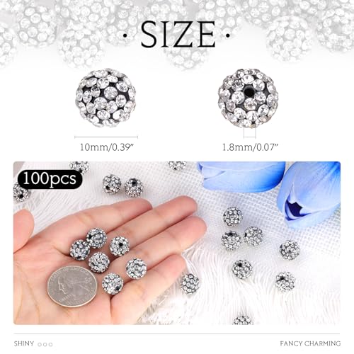 100 Pcs Black White Rhinestone Beads for Jewelry Making, Sparkle Crystal Clay Christmas for Bracelet Baseball Necklace Earring Crafting and DIY, Shiny Round Shamballa Disco Ball Beads Bulk - color: Black White, size: 100 pcs
