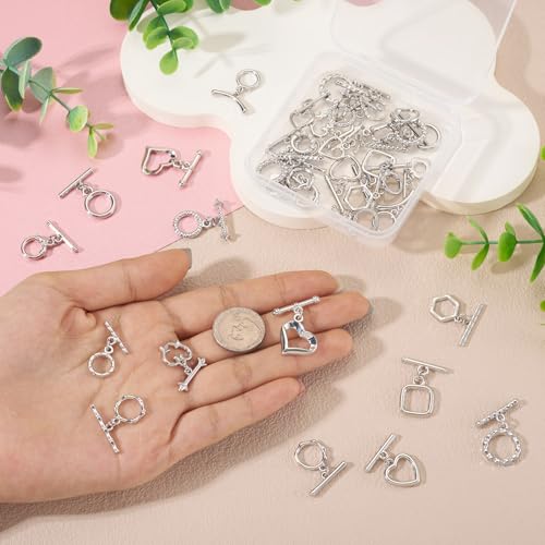 38Pcs Platinum Toggle Clasp, 19 Styles Bracelet Closure Clasps IQ Toggle Clasps Oval Flower Heart Clasp Fastener Hook Toggles Connectors for Necklace Bracelet Jewelry Making - color: Platinum-19 Styles