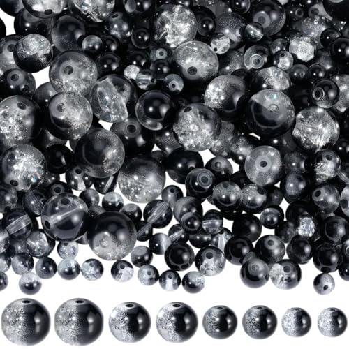 1 Box 450PCS 4/6/8/10MM Black Round Crackle Beads with Holes Glass Crack Crystal Sparkle Ink Small Spacer Loose Bead Bulk for Jewelry Making Necklaces Bracelets Earrings DIY Craft Supplies - color: Black