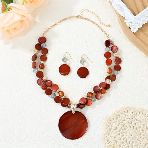 Layered Beads Statement Fashion Necklace Chunky Jewelry Set Big Colorful Glass Stone Circle Shell Pendant Choker Necklace and Earring Set for Women - color: burnt orange