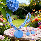 Layered Beads Statement Fashion Necklace Chunky Jewelry Set Big Colorful Glass Stone Circle Shell Pendant Choker Necklace and Earring Set for Women - color: light blue