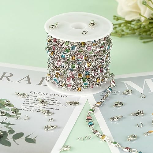 KYUNHOO 13 Feet Brass Jewelry Chain Bulk Mixed Color Rhinestones Chain for Jewelry Making with Lobster Clasps and Jump Rings Square Glass Bead Link Chain Women Necklace Anklet DIY Craft Chain - color: Square Bead-Silver