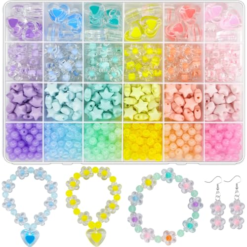 JJzxwish 798Pcs Acrylic Star Beads Hart Beads Flower Round Bead, Macaron Colors Pastel Bead Colorful Assorted Cute Aesthetic Kawaii Bead for DIY Craft Bracelets Jewelry Making Eariring Keychains - color: Macaron Colors
