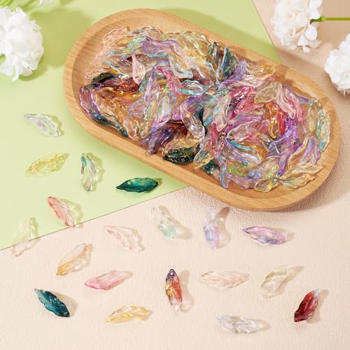 Beadthoven 144Pcs 12 Colors Glass Leaf Beads Mixed Transparent Gold Foil Feather Leaf Bead Charm Colorful Long Leaves Plant Spacers for Necklaces Earrings Key Chains DIY Jewelry Making - color: Feather Leaf Gold Foil