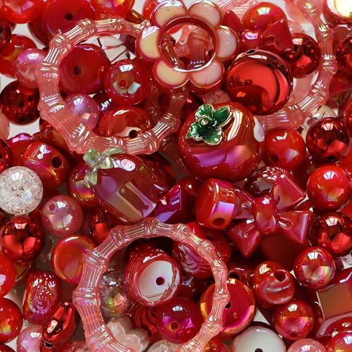 100G Assorted Acrylic Beads for Bracelet Making, Red Large Aesthetic Kawaii Beads for Keychain Phone Charms, Multi-Shapes Cute Bead for Jewelry Making, DIY Crafts, Necklace - color: Red