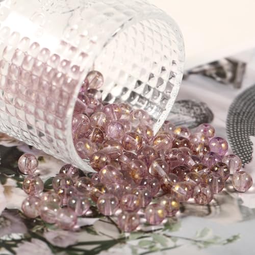 200Pcs Glass Round Beads 8mm Transparent Ink Wash Dye Sprinkled Gold Scattered Beads Handmade DIY Bead Material Bracelet Accessories (Purple) - color: Purple