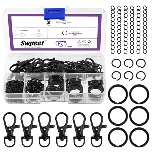 Swpeet 125Pcs Black Keychain Making Set, 25Pcs Swivel Lanyard Snap Hook, 25P Keychain Ring, 25P Extender Chains, 50P Open Jump Rings, Swivel Lobster Clasps, Keychains Clips - color: Black