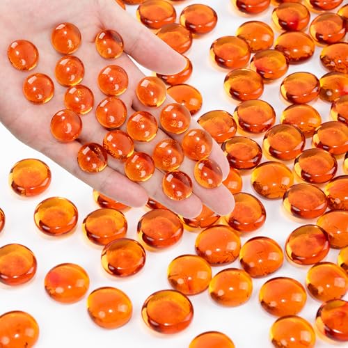 Orange Flat Glass Marbles, 0.97 lb Vase Filler Pebbles Gems, Decorative Glass Beads for Vases, Crafts, Floral, Mancala Stones, Aquarium Rocks for Fish Tank, 0.6"-0.8" (Approx. 80-100 PCS) - color: Orange