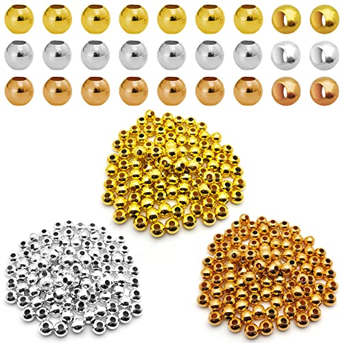 150Pcs Metal Spacer Beads for Jewelry Making 10mm Metallic Plated Round Beads Small Spacer Round Ball Beads Seamless Smooth Loose Beads for Earring Necklace Bracelet DIY Crafts(Gold Silver K Gold) - color: 10mm, Gold Silver K Gold