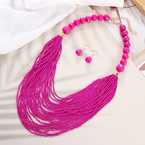 Bocar Necklace for Women, Multi Layer Statement Necklace, Long Chain Chunky Bib Seed Beads Necklace, Necklace Earring Set for Women Gift (NK-10693) - color: Rose red