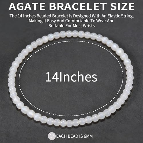 14in Agate Wrap Bracelet for Women Men Natural Round Beaded Agates Stone Healing Stretch Bracelets Elastic Handmade Polished Gemstone Beads Bracelet - color: White Agate, size: 6mm Beads