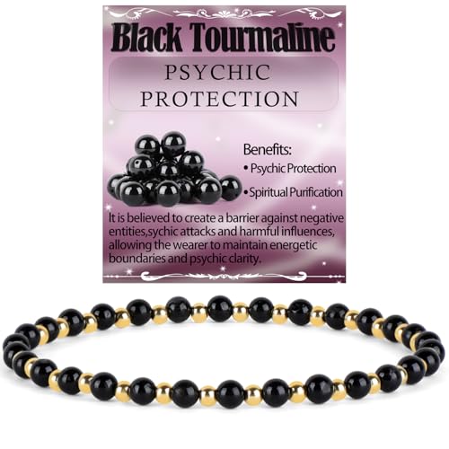 QOGIR 14k gold Handmade Healing Bracelet, Natural Gem Stone Crystal Elastic Gold Bracelet - color: Black Tourmaline - Psychic Protection, size: 4m