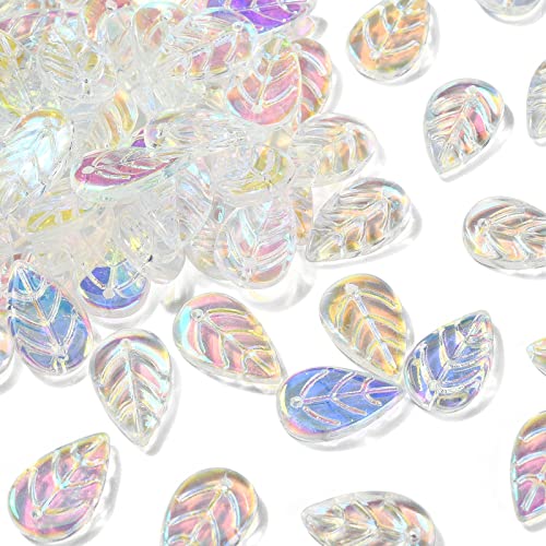 Ipotkitt 100 Pcs Handmade Lampwork Charms AB Color Glass Leaf Bead Charms Crystal Plant Leaf Charms for DIY Necklace Bracelet Earring Jewelry Making - color: 100pcs-Lampwork Leaf Bead Charms-18x11x3mm