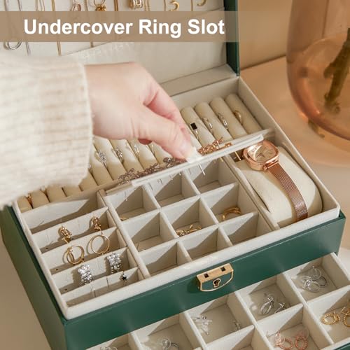 3 Layer Jewelry Box with Lock, Women Large Jewelry Holder Organizer with Drawer for Necklaces, Rings, Bracelets, Earrings, Watches, Valentines Gift for Mom Girl Wife (Green) - color: Green