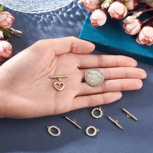 4Pcs Cubic Zirconia Toggle Clasps 18K Gold Plated Brass Toggle Jewelry Clasps IQ End Connector Oval Ring Star Heart T-Bar Closure Clasp for Bracelet Necklace Jewelry Making - color: Clear