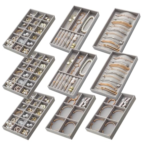 Jewelry Trays Organizer for Drawer, 9 Set of Small Jewelry Display Case Storage Velvet Stackable Drawer Inserts Organizer for Necklaces Bracelets Earrings Rings (Grey) - color: Grey