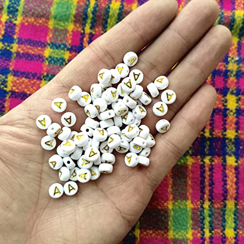 Amaney Vowel Letter Beads A 100pcs 7x4mm White Round Acrylic Gold Alphabet for Bracelet Jewelry Making - color: Gold-A