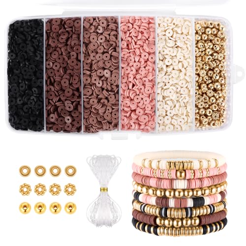 Funtopia 5200+ Pcs Brown Clay Beads Bracelet Making kit, Heishi Beads Polymer Clay Beads for Jewelry Making, Friendship Bracelet Kit with Gold Beads Charms for Girls Adults (6mm) - color: 5.Brown