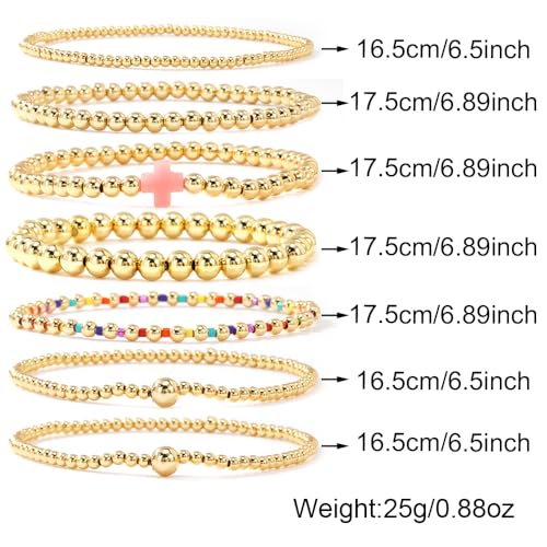 14K Gold Beaded Cross Beaded Bracelet Stack Set for Women,7PCS Bohemian Colorful Beads Ball Stretch Stackable Bracelets Trendy Holiday Birthday Gift - color: Pink