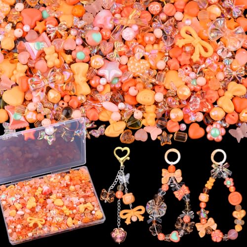 200-260PCS TINKRSTUFF Assorted Acrylic Beads Orange Cute Beads for Bracelet Making,Bow Aesthetic Star Flower Butterfly GummyBear Kawaii Charms for Jewelry Necklace Making DIY Keychain Phone Charm - color: Orange-150g