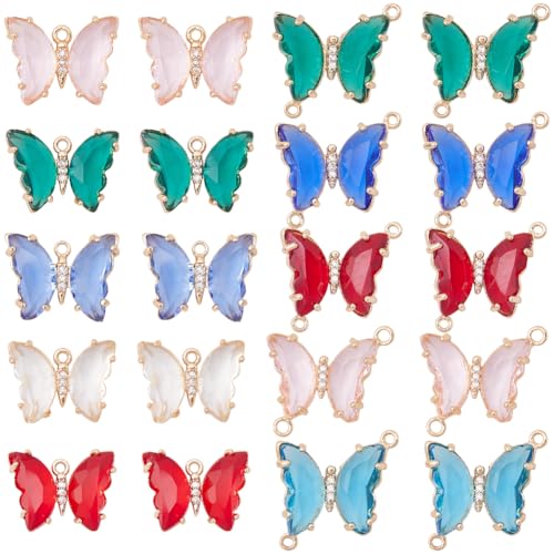 SUNNYCLUE 1 Box 20Pcs Crystal Butterfly Charms Colorful Rhinestone Glass Butterflies Beads Red Green Blue Butterfly Linking Connector Charms Double Loops Animal Connectors for Jewelry Making Charms - color: 1 Box 20Pcs Butterfly Charms & Connectors