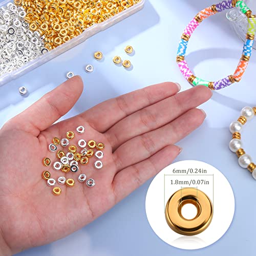 800 Pcs 6mm Flat Spacer Beads for Jewelry Making, Rondelle Disc Beads Bulk, Gold & Mixed Color Bead Spacers for Bracelets Necklaces DIY Crafts(Gold, Silver) - color: Gold, Silver